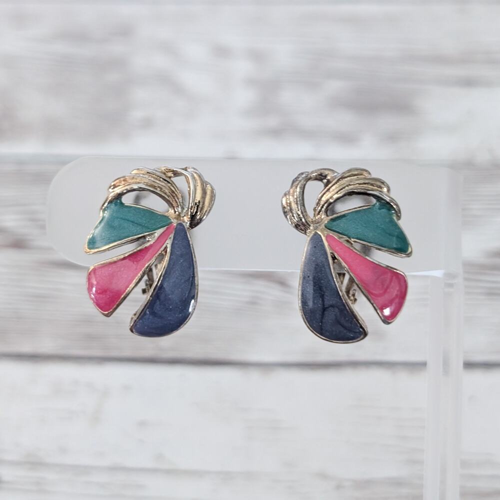 Vintage Clip On Earrings Pink, Green, Blue, Gold Tone - Tarnished
